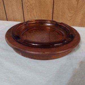 Vintage Mid-Century Amber Brown Thick Glass Ashtray With Solid Wood Base